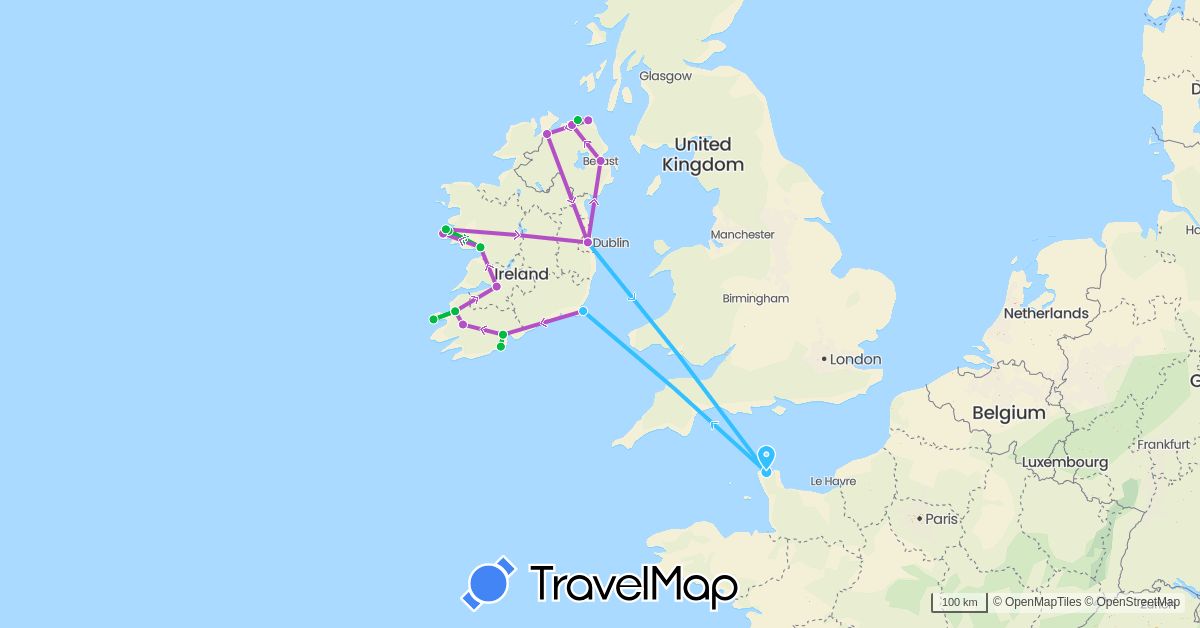 TravelMap itinerary: driving, bus, train, boat in France, United Kingdom, Ireland (Europe)